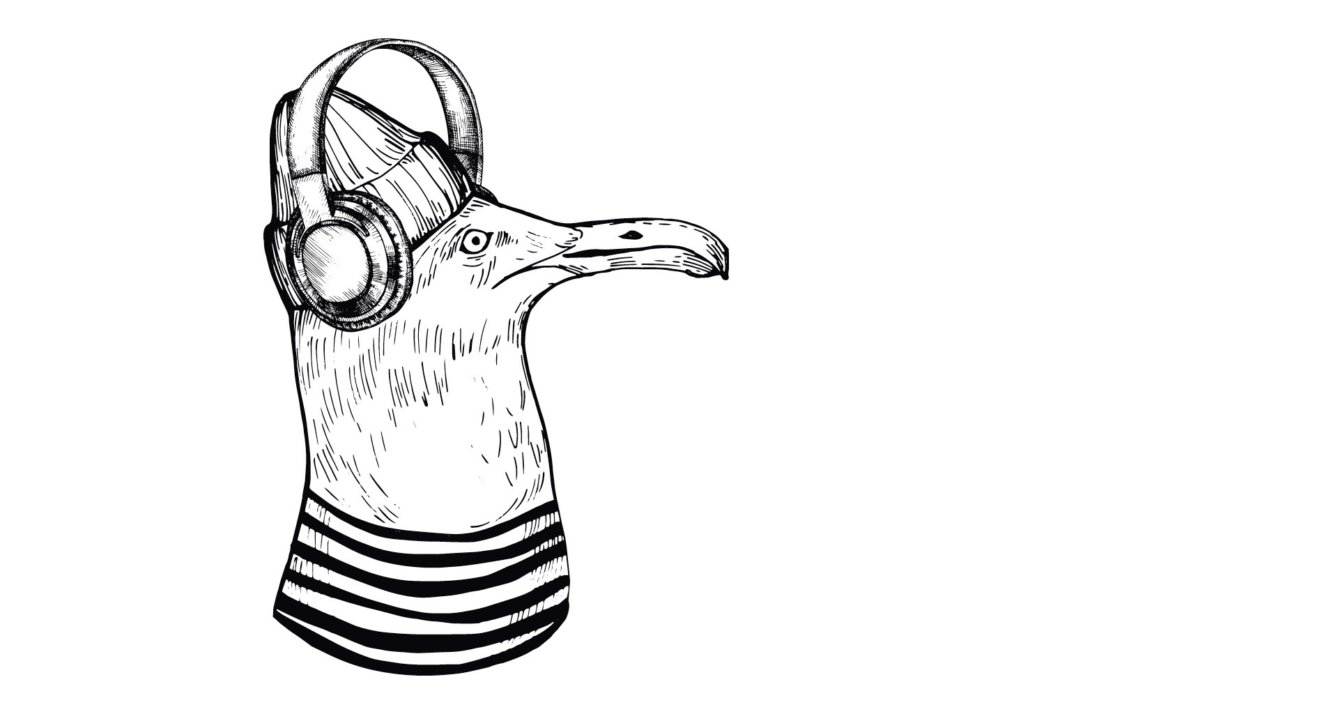 Auf dem Foto ist das Maskottchen des Podcast, eine Möwe mit Kopfhörer und Strickmütze, zu sehen.