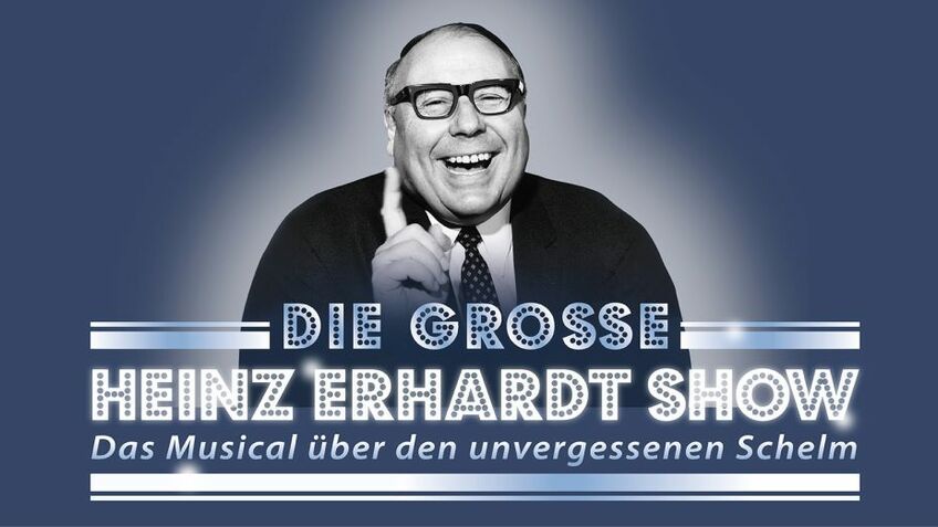 Bild der Show-Ankündigung der "Die große Heinz Erhardt Show". Zu sehen ist ein lachender Heinz Erhardt auf einfachem, blauen Hintergrund.